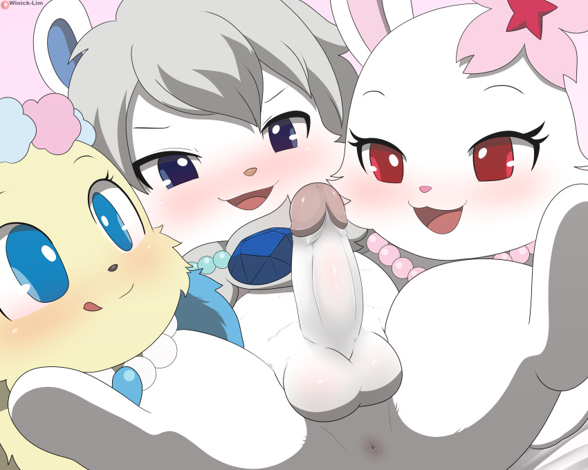 5:4 absurd_res anthro anus balls blue_eyes blush canid canine canis chibi domestic_dog felid female female_anthro fur genitals granite_(jewelpet) grey_hair group hair hi_res humanoid_genitalia humanoid_penis imminent_fellatio imminent_oral jewelpet jewelpet_(series) jewelpet_(species) jewelry lagomorph leporid licking licking_lips lion male male/female male_anthro mammal necklace pantherine penis pink_background rabbit red_eyes ruby_(jewelpet) sanrio sapphie_(jewelpet) sega sega_fave sega_toys semi-anthro simple_background spread_legs spreading tongue trio white_body white_fur winick-lim yellow_body yellow_fur