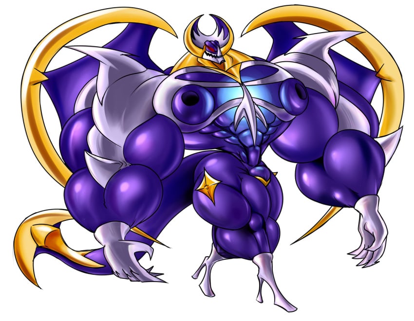 1boy abs bat bulge clothing dragmon feet high_heels lunala male male_only moobs muscular nintendo nipples pokémon_(species) pokemon pokemon_sm pokesuit purple_skin red_eyes solo suit thick_thighs video_games wide_hips wings