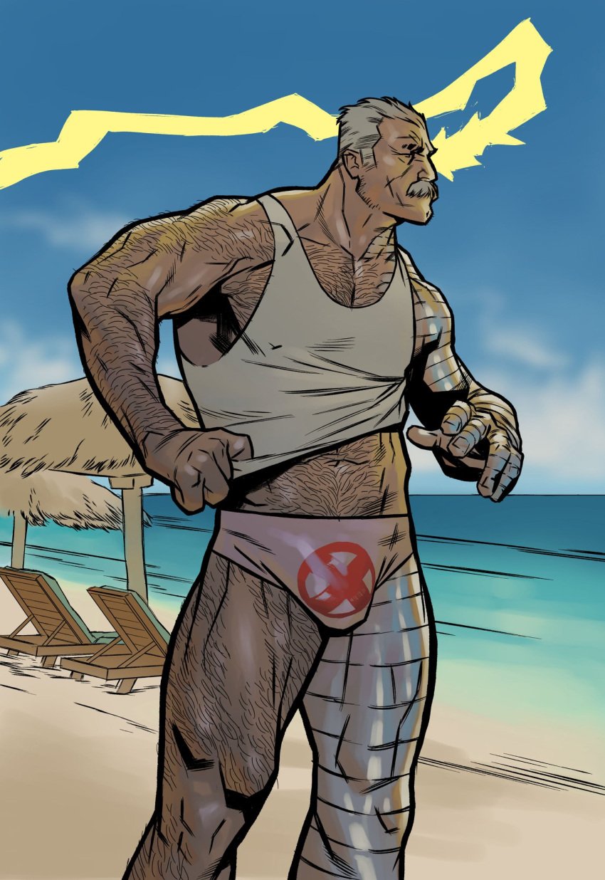 adamgraphite balls bara body_hair bulge cable_(x-men) cybernetic_arm cybernetic_leg facial_hair flaccid male male_only marvel marvel_comics moustache muscles muscular nathan_summers penis solo solo_male x-men