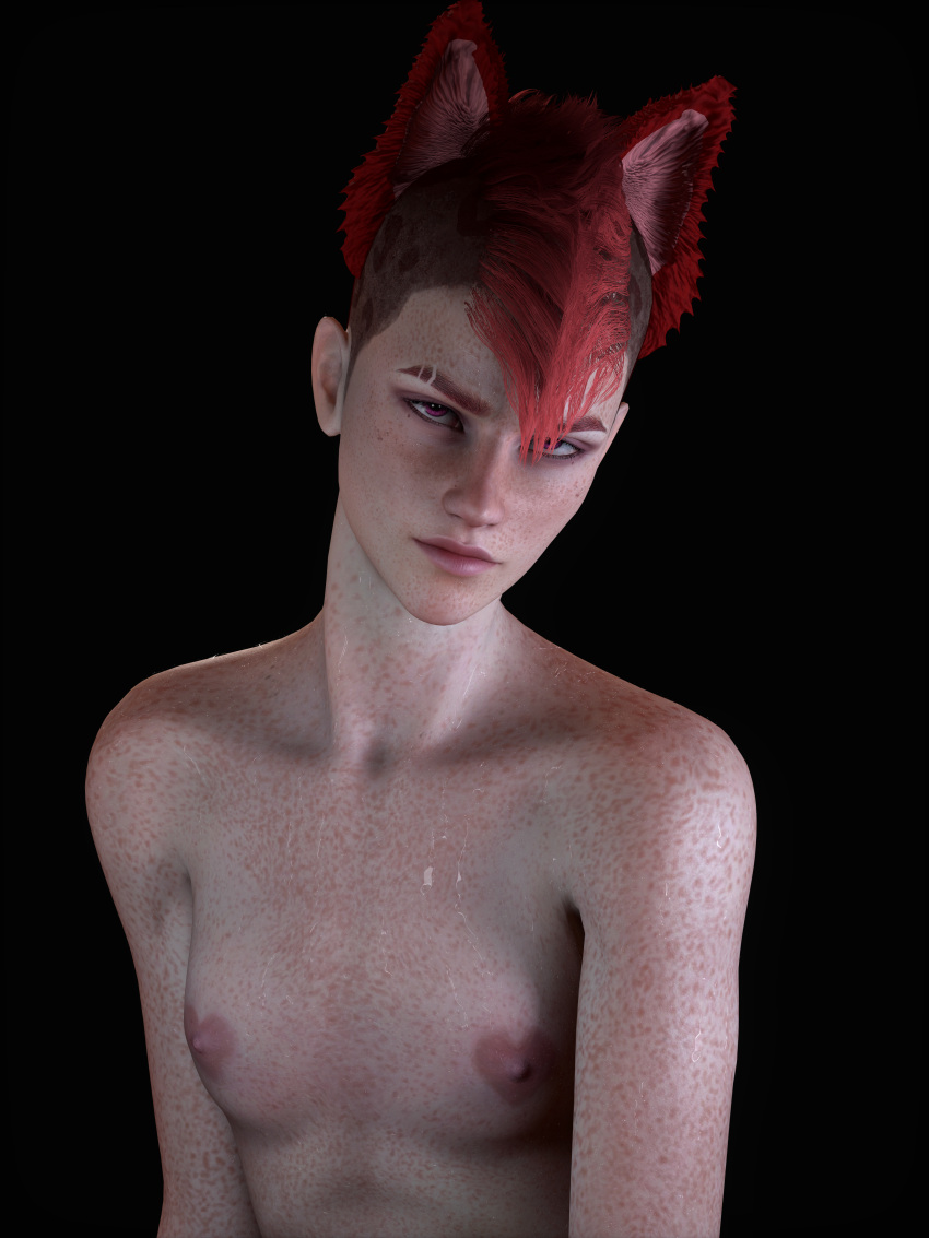 3d aldtecaia angry angry_face fauxhawk_(hairstyle) freckles freckles_on_breasts freckles_on_face freckles_on_shoulders masculine_female noxxyboy pink_eyes pink_fur red_fur red_hair red_hair shaved_side sweat sweating tomboy tomboytoy tulpa undercut