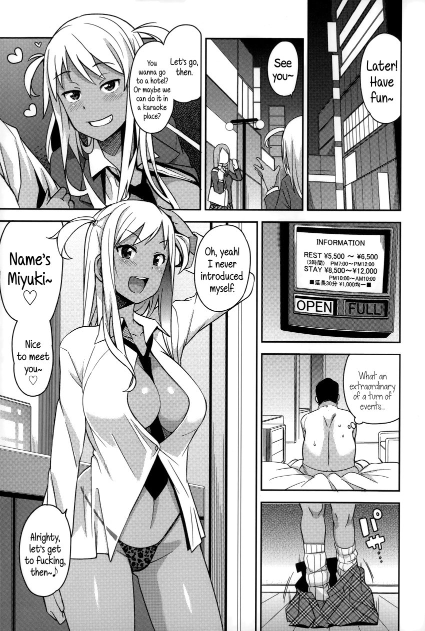 1boy 1girls big_breasts black_and_white dark-skinned_female dark_skin dilf doujin doujinshi english english_dialogue english_text female gyaru hi_res high_resolution highres hotel hotel_room long_hair miyuki_(tamagoro) oc original_character removing_clothing school_uniform schoolgirl schoolgirl_uniform slut tamagoro twintails