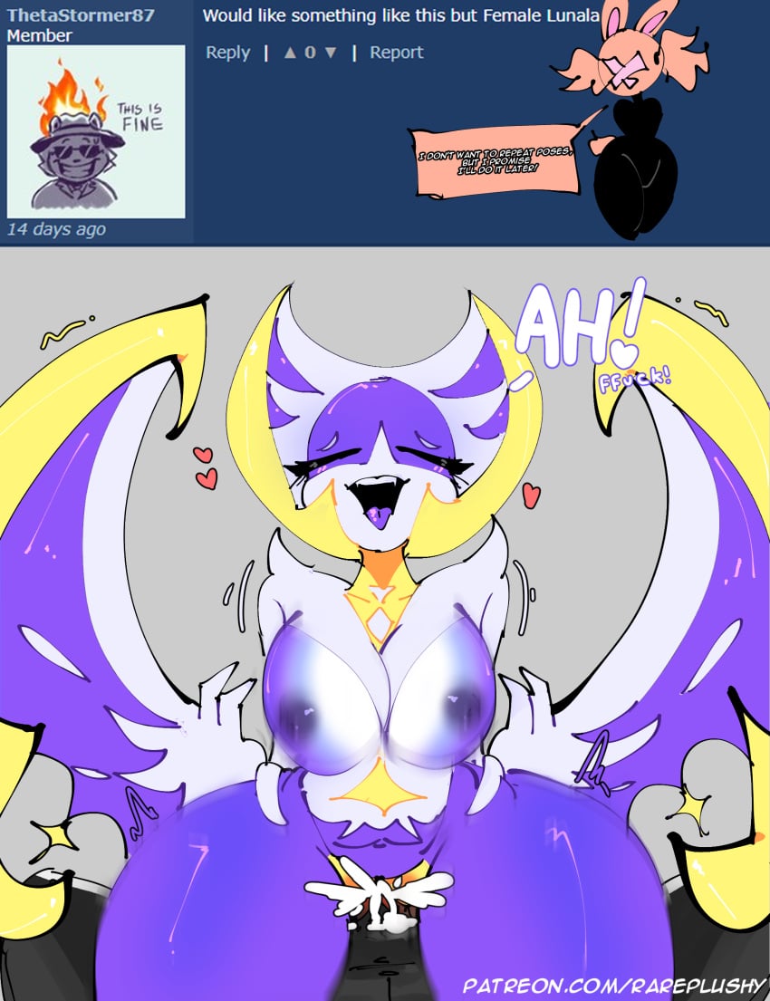 absurd_res anthro ass big_breasts big_butt blush bodily_fluids breasts canid canine cum duo erection female female_penetrated fur generation_7_pokemon genital_fluids genitals hi_res huge_butt legendary_pokemon lunala magnus_(rareplushy) male male/female male_penetrating male_penetrating_female mammal mature_male nintendo nipples nude penetration penis pokemon pokemon_(species) pussy rareplushy sex simple_background smile text thick_thighs wings