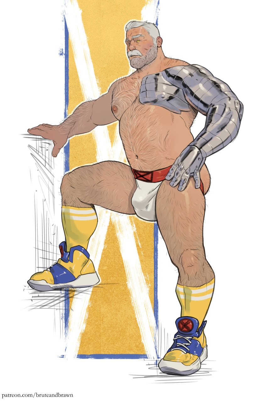 1boy balls bara body_hair bruteandbrawn bulge cable_(x-men) cybernetic_arm facial_hair flaccid jockstrap male male_only marvel marvel_comics mature_male moustache muscles muscular muscular_male nathan_summers penis solo solo_male white_hair x-men