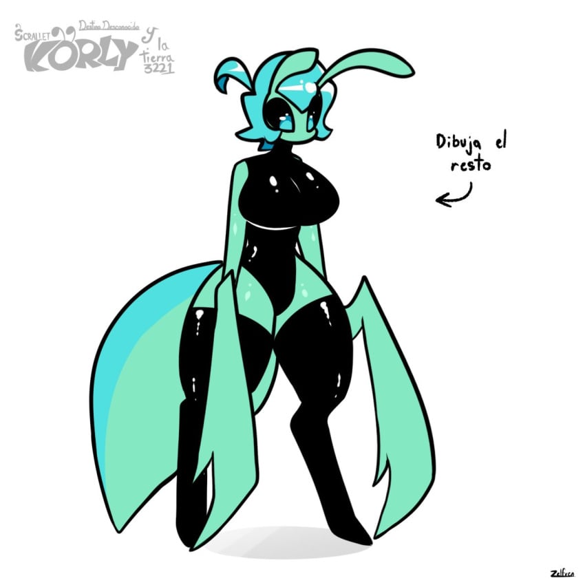 alien alien_girl alien_only antennae anthro anthropod blue_hair breasts clothed female female_only green_skin huge_breasts huge_tail insects latex latex_suit mantis partially_clothed shiniw0lf solo standing tail thick_ass thick_butt thick_thighs thighs