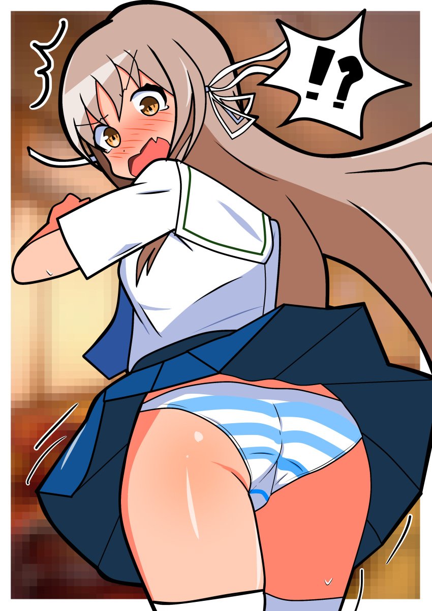 !? 1girls ass blue_and_white_striped_panties blue_skirt butt hachigatsu_no_cinderella_nine kneesocks long_hair motion_lines panties pantsu shimapan skirt socks striped_panties tagme_(character) ぽのか_(pixiv_user_id_902546)