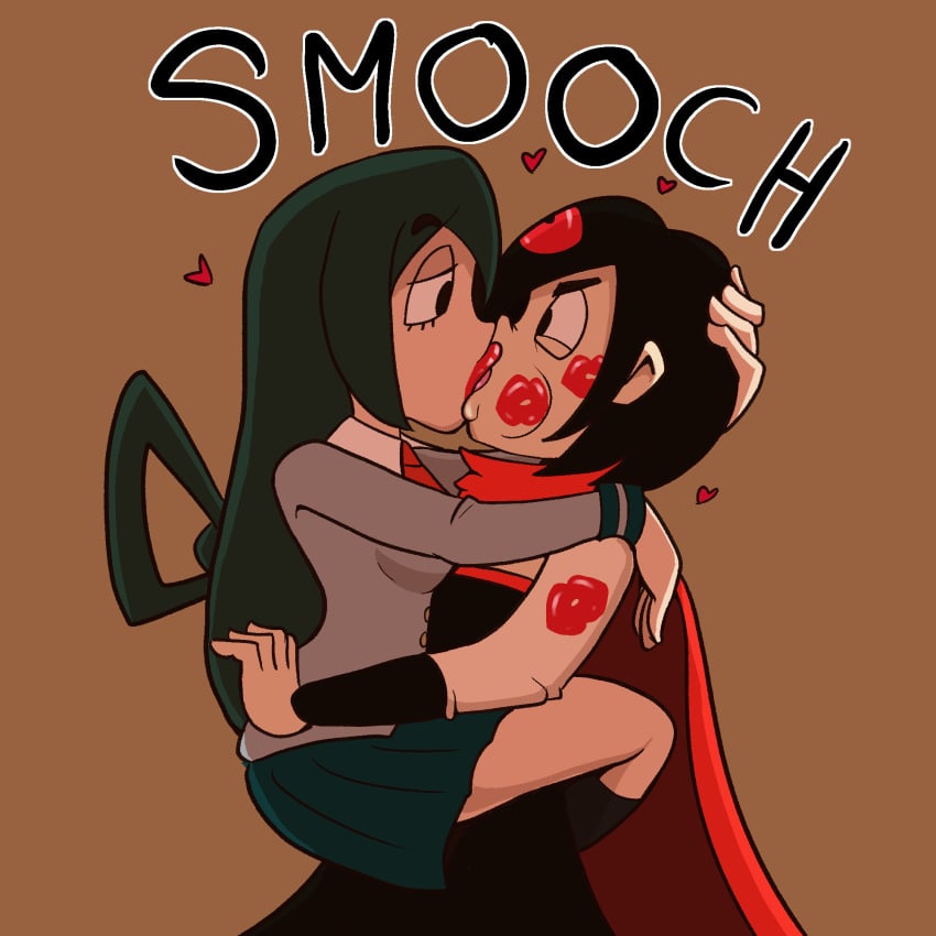 2girls black_hair cape crossover eastern_and_western_character female female_only french_kiss french_kissing froppy green_hair hand_behind_head kiss_mark kiss_mark_on_face kissing legs_around_partner legs_around_waist lipstick long_hair multiple_girls my_hero_academia red_cape red_lips ruby_rose rwby shippart short_hair tsuyu_asui weird_crossover yuri