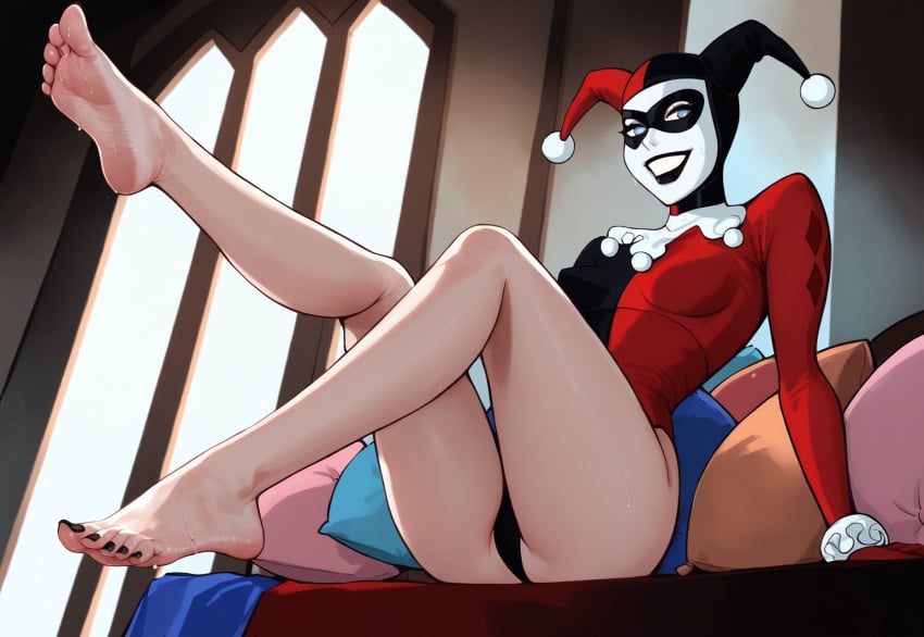 ai_assisted ai_generated barefoot batman:_the_animated_series batman_(series) bed black_toenails blue_eyes civitai clown dc_comics dcau feet feet_focus feet_up female female_only foot_fetish full_body happy harley_quinn harley_quinn_(classic) jester jester_girl legs looking_at_viewer low-angle_view pillows sitting slim smile smug soles solo solo_female solo_focus sweaty_feet toes