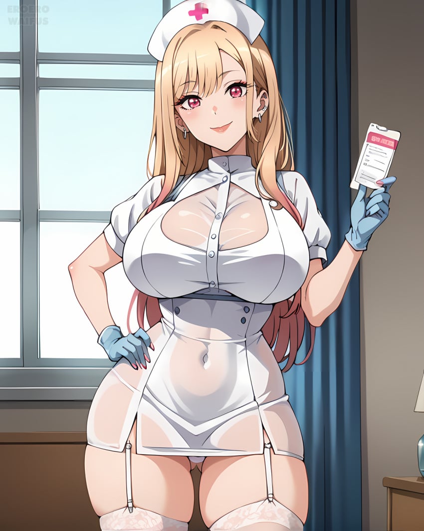 ai_generated athletic_female bare_legs big_breasts blonde_hair eroero_waifus gloves huge_breasts huge_thighs kitagawa_marin light-skinned_female light_skin long_hair looking_at_viewer massive_breasts multicolored_hair nurse nurse_cap nurse_uniform pink_eyes smiling solo_female sono_bisque_doll_wa_koi_wo_suru thick_thighs thighs voluptuous voluptuous_female