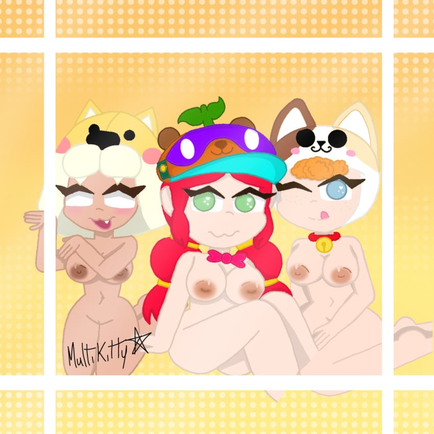 3girls bea_(brawl_stars) bow_tie brawl_stars curly_hair full_body ginger_hair jessie_(brawl_stars) multikitty necklace neko_bea_(brawl_stars) nipples nita_(brawl_stars) no_bra no_panties orange_hair pussy red_hair shiba_nita tanuki_jessie_(brawl_stars)