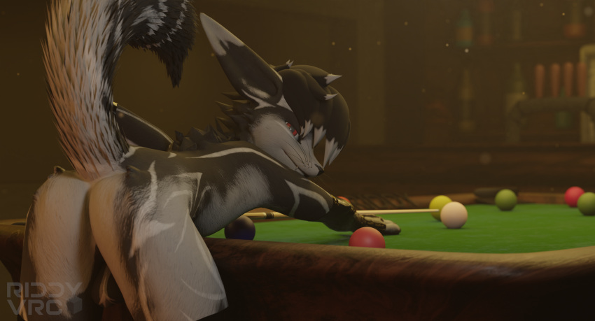 absurd_res anthro armwear ass backsack ball balls billiard_ball billiard_table blender_(artwork) blender_cycles clothing cue_stick digital_media_(artwork) fur furniture genitals grey_body grey_fur hi_res latex latex_armwear latex_clothing latex_legwear latex_thigh_highs leaning_on_table legwear looking_at_viewer looking_back male markings presenting presenting_hindquarters red_eyes rexouium riddy_(riddyvrc) riddyvrc table thigh_highs white_markings