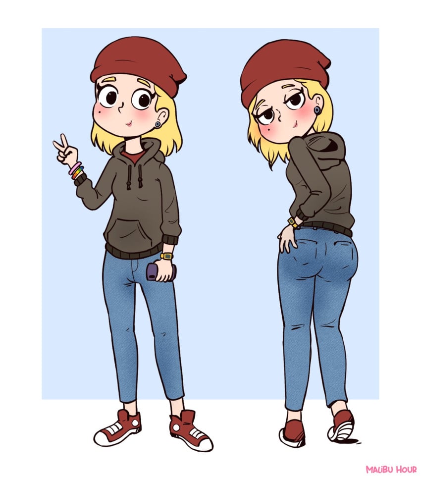 5_fingers ass beanie blonde blonde_female blonde_hair blonde_hair_female butt chloe_(the_new_norm) headwear holding_phone hoodie jeans malibu_hour malibu_hour phone red_beanie shoes the_new_norm_(web_cartoon) woke