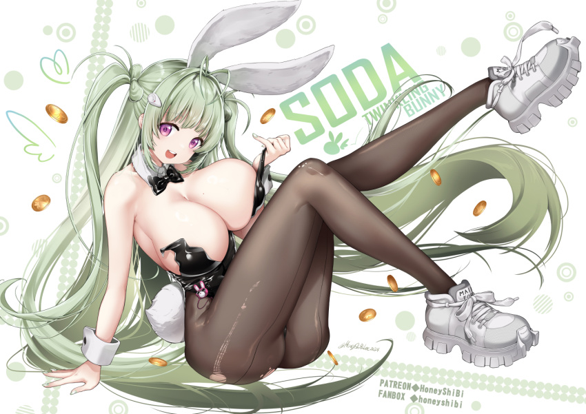 animal_ears antenna_hair bare_shoulders black_leotard blush breasts cleavage detached_collar fake_animal_ears fake_tail female goddess_of_victory:_nikke green_hair highleg highleg_leotard huge_breasts leotard long_hair looking_at_viewer nail_polish open_mouth pantyhose playboy_bunny purple_eyes rabbit_ears rabbit_tail shibi shoes smile sneakers soda_(nikke) soda_(twinkling_bunny)_(nikke) tail very_long_hair wrist_cuffs