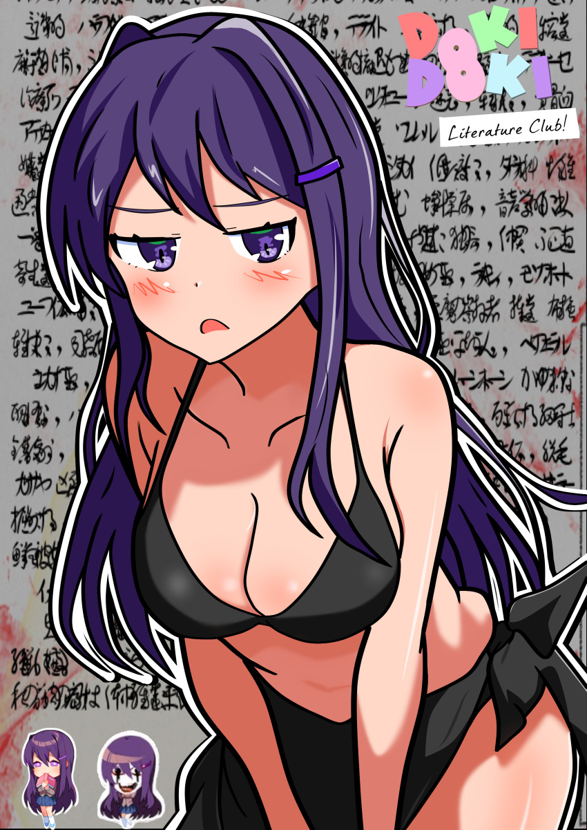 1female 1girls bare_shoulders bikini bikini_top breasts cleavage doki_doki_literature_club long_hair ponoka2121 purple_eyes purple_hair yuri_(doki_doki_literature_club) ぽのか_(pixiv_user_id_902546)