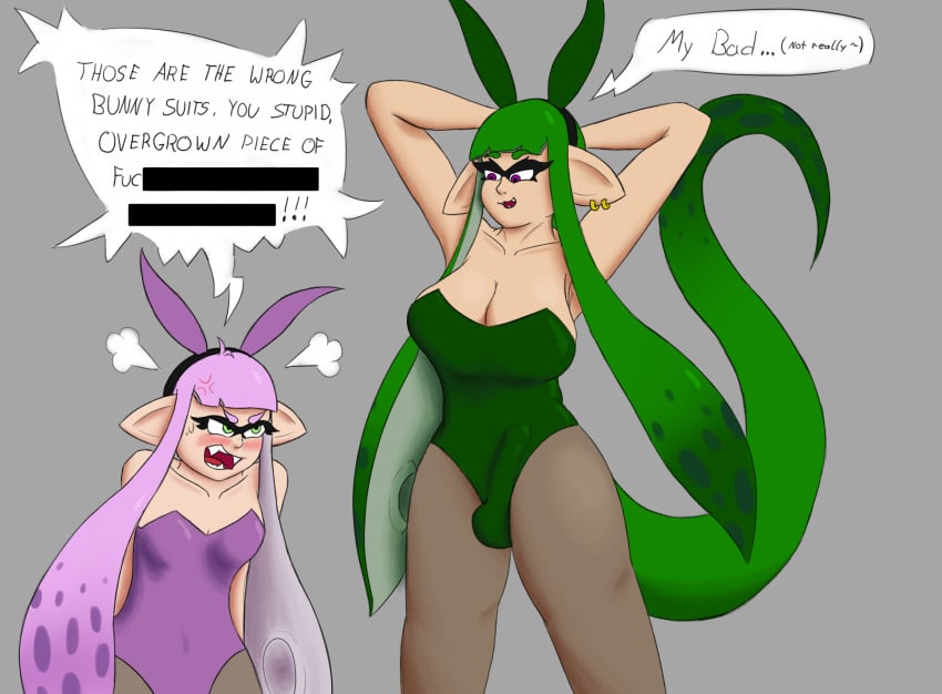 1futa 1girls big_breasts big_penis blush bulge bunny_ears bunny_girl bunnysuit censor_bar comic dickgirl female futanari green_eyes green_hair inkling inkling_girl lovita_lovesson magenta_eyes nintendo pink_hair size_difference slogstin speech_bubble splatoon sveta_belinskoff tagme tail tentacle text