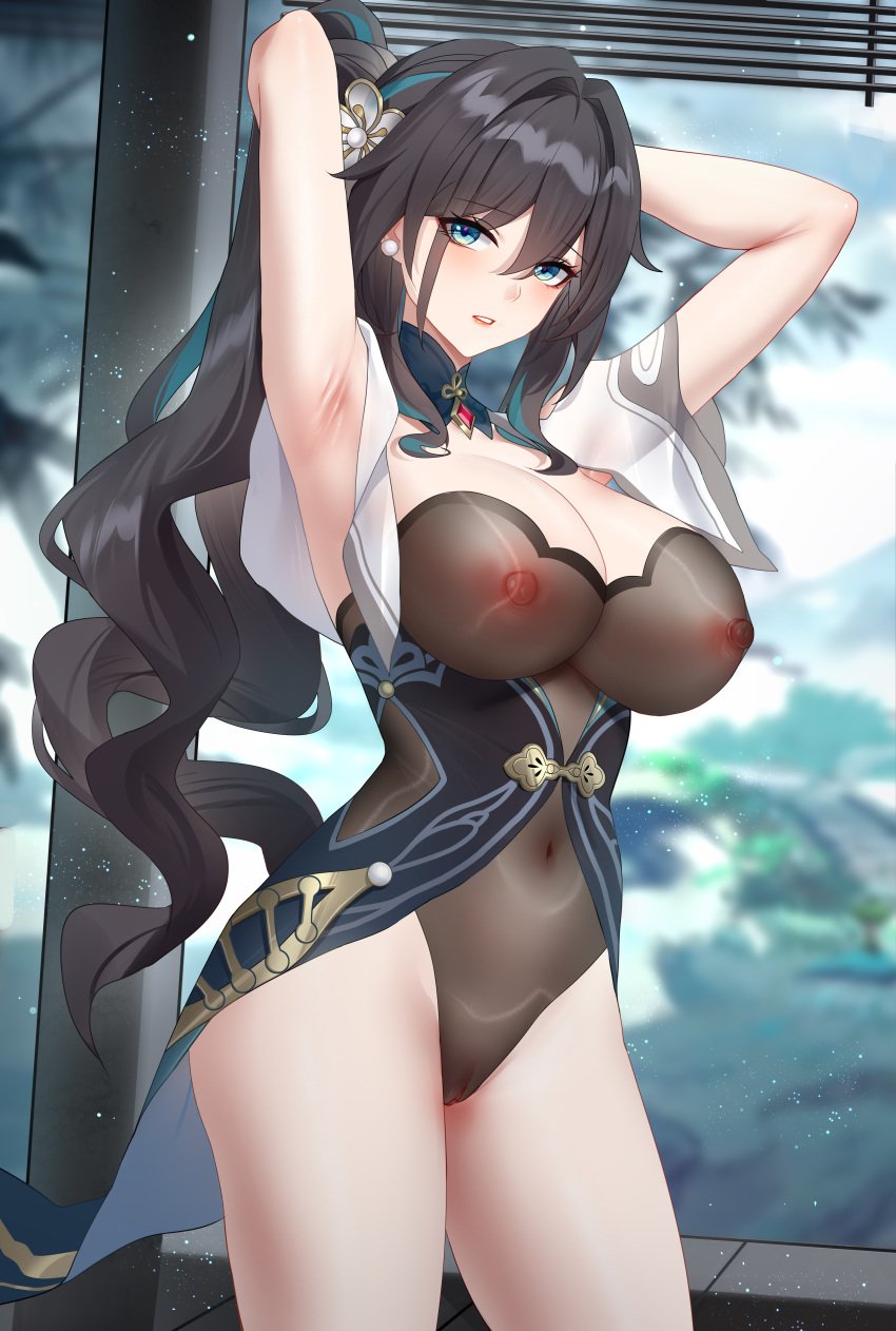 absurdres alternate_hairstyle aqua_dress armpits arms_up black_hair black_leotard blush commentary_request covered_nipples cowboy_shot dress earrings female hair_between_eyes hair_intakes highres honkai:_star_rail honkai_(series) jewelry leotard long_hair looking_at_viewer multicolored_hair parted_lips partial_commentary ponytail pussy ruan_mei_(honkai:_star_rail) see-through see-through_leotard solo standing streaked_hair very_long_hair wu_ganlan_cai