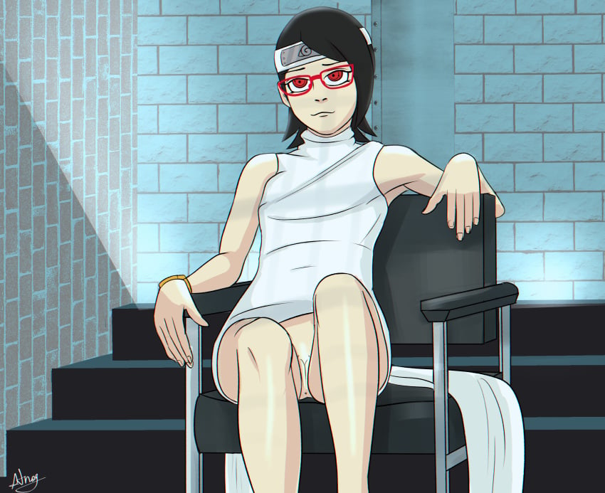 1girls anus atnog basic_instinct black_hair boruto:_naruto_next_generations chair dress female female_only forehead_protector glasses headband legs naruto parody pose posing pussy red_eyes sarada_uchiha seductive seductive_look sharingan short_dress short_hair sitting solo solo_focus upskirt vagina