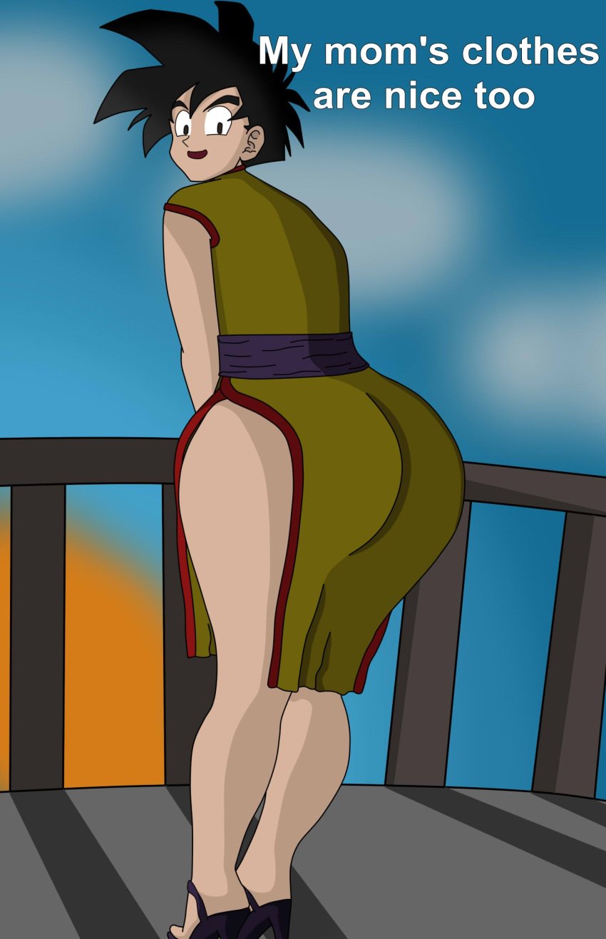 1boy aged_up alanistheanalqueen ass big_ass black_hair chichi_(cosplay) crossdressing dialogue dragon_ball dragon_ball_z high_heels light-skinned_male light_skin looking_back low_quality male male_only purple_high_heels qipao son_gohan son_gohan_(young) spiky_hair text yellow_qipao