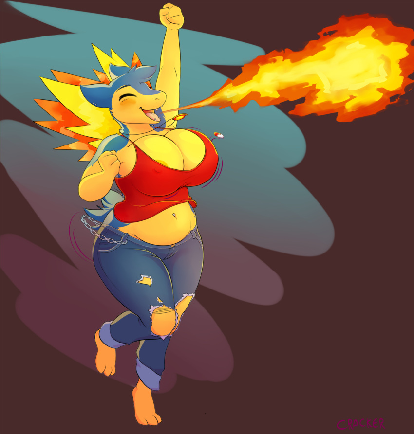 anthro blush breathing_fire cass_(cracker) clothed collar cracker_(artist) fangs female fire furry happy jeans large_breasts nintendo no_bra no_humans open_mouth pokemon pokemon_(species) pokemon_gsc pokemorph ripped_clothing ripped_pants smile typhlosion wide_hips