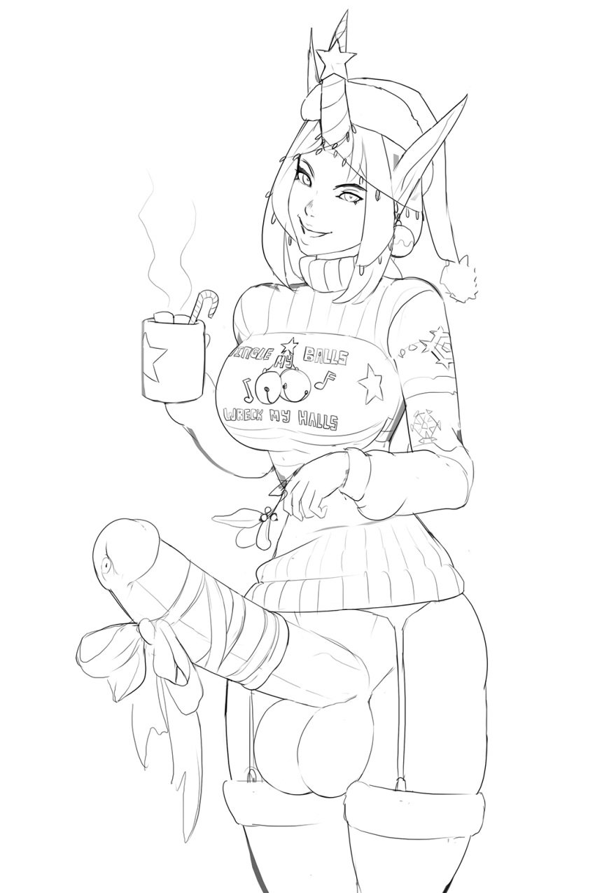 1futa aka6 black_and_white bow candy_cane christmas cocoa festive futa_only futanari garter_straps hot_cocoa intersex league_of_legends mistletoe monochrome mug santa_hat sketch smooth_skin solo soraka stockings sweater