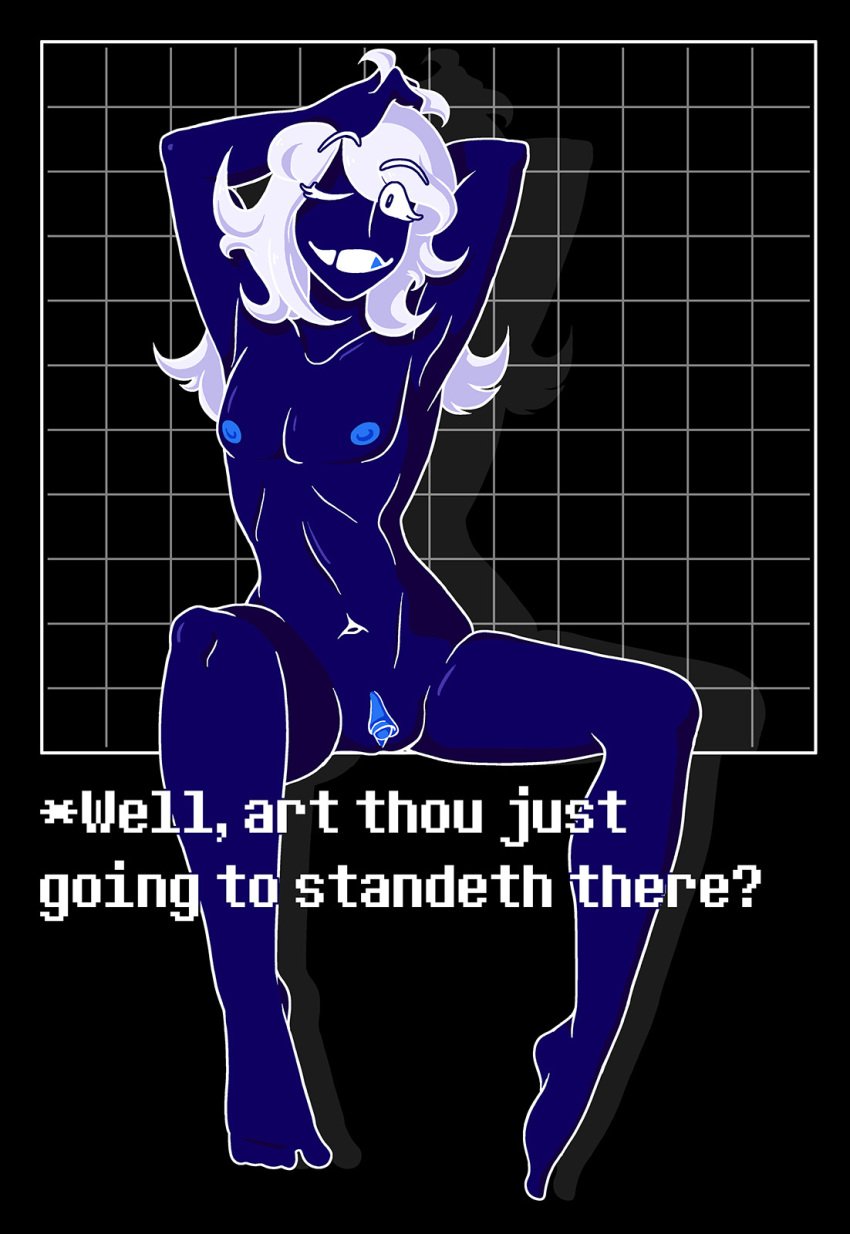 1boy cuntboy deltarune intersex male nipples open_mouth presenting pussy rouxls_kaard smile wink