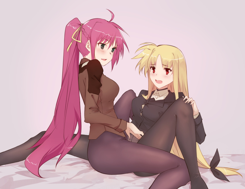 absurdres bed black_legwear blonde_hair blue_eyes blush breasts fate_testarossa hair_ornament hair_ribbon hei_chuan_gui highres large_breasts looking_at_another lyrical_nanoha mahou_shoujo_lyrical_nanoha_strikers military military_uniform open_mouth pantyhose pink_background pink_hair red_eyes ribbon signum simple_background smile tribadism tsab_ground_military_uniform uniform yuri