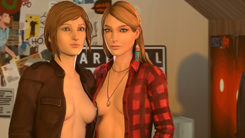 2girls 3d areolae blonde_hair breasts canon_couple casual chloe_price clothing earrings feather_earrings female female_only human joe12334 life_is_strange looking_at_viewer multiple_girls neckwear nipples outerwear pale_skin partially_clothed rachel_amber