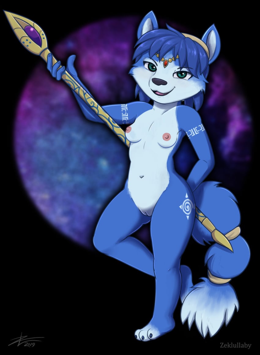 2019 anthro areola blue_fur blue_hair breasts canine erect_nipples female flat_chested fox fur green_eyes hair krystal looking_at_viewer mammal nintendo nipples nude pussy smile solo star_fox video_games white_fur zekromlover