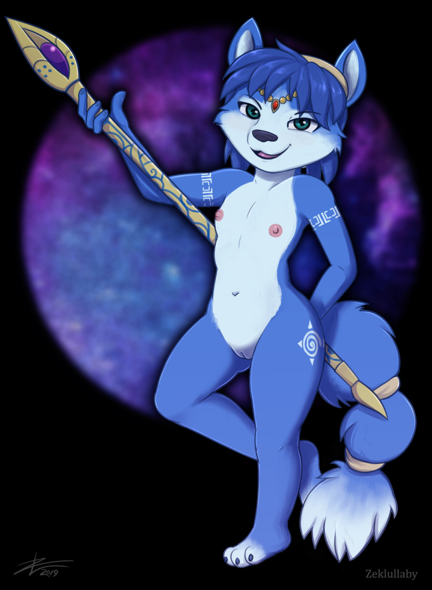 2019 anthro areola blue_fur blue_hair canine erect_nipples female flat_chested fox fur green_eyes hair krystal looking_at_viewer mammal nintendo nipples nude pussy smile solo star_fox video_games white_fur zekromlover