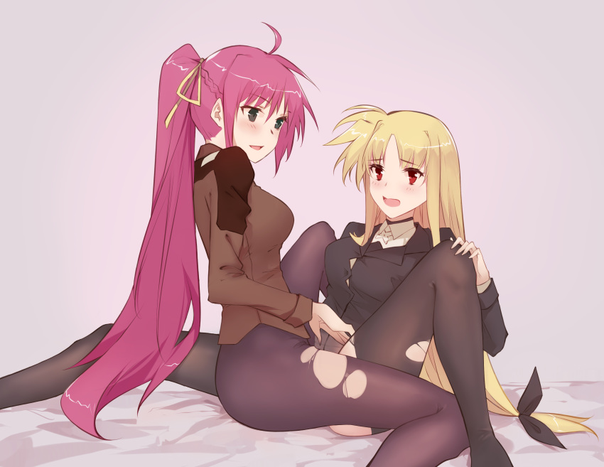 absurdres bed black_legwear blonde_hair blue_eyes blush breasts fate_testarossa hair_ornament hair_ribbon hei_chuan_gui highres large_breasts looking_at_another lyrical_nanoha mahou_shoujo_lyrical_nanoha_strikers military military_uniform open_mouth pantyhose pink_background pink_hair red_eyes ribbon signum simple_background smile torn_clothes torn_legwear tribadism tsab_ground_military_uniform uniform yuri