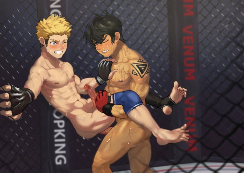 2boys abs against_wall anal ass black_hair blonde_hair blush erection feet fence gay gloves joecat lifting male_focus multiple_boys penetration penis public scar sex sports_wear sweat tattoo thrusting toes wince wrestling wrestling_ring yaoi