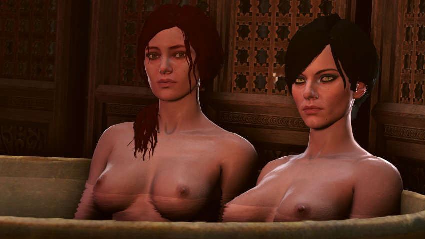 2girls 3d areolae bath bathhouse black_hair breasts cd_projekt_red fringilla_vigo joe12334 looking_at_viewer nipples red_hair sabrina_glevissig the_witcher the_witcher_(series) the_witcher_2 the_witcher_3:_wild_hunt yellow_eyes