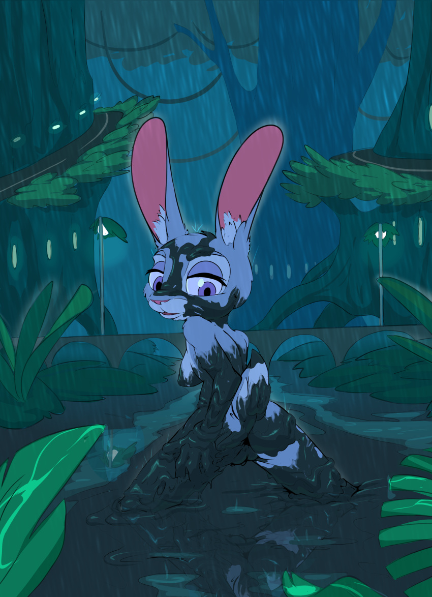 2019 absurd_res anthro ass big_breasts blazera breasts butt_focus clothed clothing disney female heart hi_res judy_hopps lagomorph looking_at_viewer looking_back mammal medium_breasts messy mud nipples pussy rabbit rain raining rear_view smile solo topless zootopia