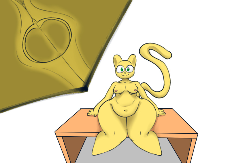 anthro balls belly biped breasts dickgirl feline feline green_eyes intersex looking_at_viewer mammal navel nude simple_background sitting smile solo thick_thighs vun yellow_body