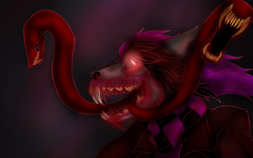 black_hair black_nose blood blood_drip bloodknight324 bloodscourge canine clothed clothing fangs flesh gore hair insane long_hair long_tongue male mammal nightmare_fuel purple_shirt slit_pupils tongue tuxedo were werewolf