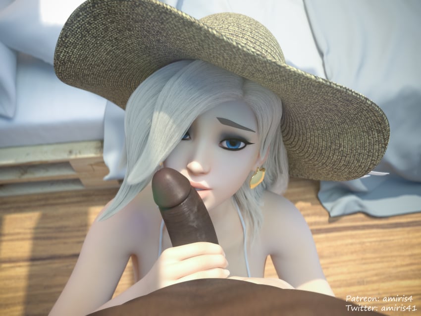 3d amiris4 bikini blender blonde_hair blue_eyes dark-skinned_male dark_skin earrings erection eye_contact female hat interracial male mercy oral overwatch penis pov straight