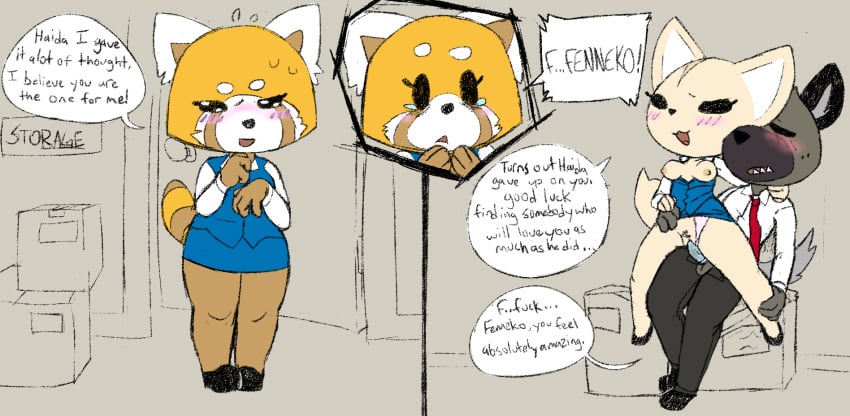 2019 4_fingers aggressive_retsuko ailurid anthro areola balls beady_eyes blush bodily_fluids bottomwear breasts brown_body brown_fur canid canine close-up closed_eyes clothed clothing clothing_aside comic condom dialogue english_text erection eyelashes female female_on_top female_penetrated fennec fenneko fernut fingers footwear fox fur genitals group haida hand_holding hand_on_hip hi_res hyaenid inside love male male_penetrating mammal multicolored_body multicolored_fur narrowed_eyes necktie netorare nipples office_lady on_top open_mouth open_pants open_shirt orange_body orange_fur panties panties_aside pants partially_clothed penetration pubes pussy red_panda retsuko romantic romantic_couple sanrio sex sexual_barrier_device sharp_teeth shirt shoes sitting sketch skirt smile smooth_fur speech_bubble spotted_hyena standing straight sweat sweatdrop tan_body tan_fur tears teeth text tongue topwear underwear underwear_aside vaginal_penetration wearing_condom white_body white_fur