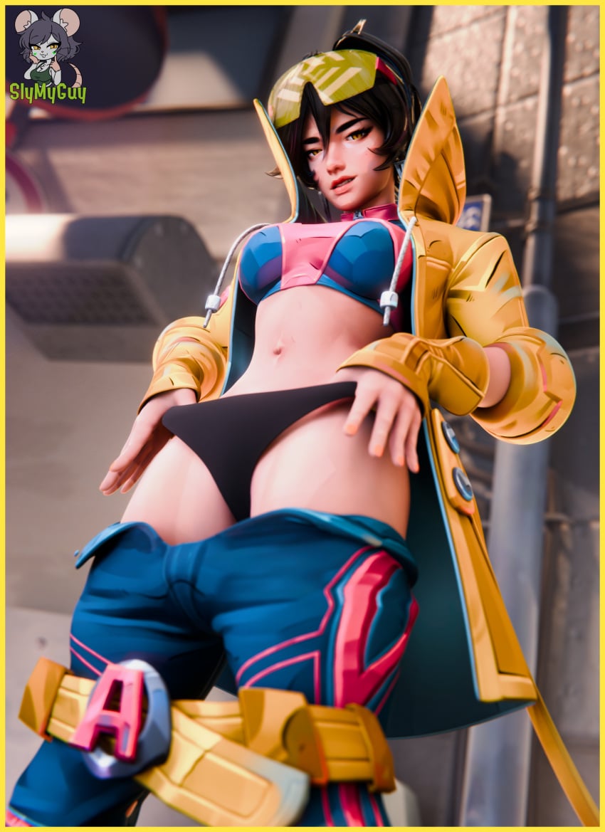 asian asian_female black_hair breasts jacket jubilation_lee jubilee jubilee_(marvel_rivals) looking_at_viewer marvel marvel_rivals panties pants pants_down partially_clothed slymyguy sunglasses sunglasses_on_head underwear x-men yellow_eyes