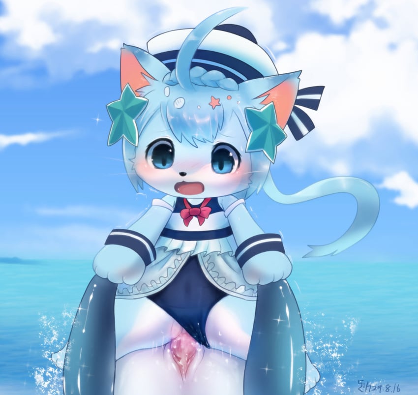 2017 3_toes 4_fingers ahoge akurara anthro anthro_on_feral bangs bare_shoulders black_nose blue_clothing blue_fur blue_hair blue_sky blush bow_tie cat_busters censored cetacean cheek_tuft clothed clothing clothing_aside cloud countershade_face countershade_torso countershading cowgirl_position day detailed_background dolphin duo eyebrows faceless_male feline female female_on_feral female_on_top feral flat_chested front_view fur hair hair_between_eyes hat ineffective_censorship interspecies kemono long_hair looking_down male male_penetrating mammal marine multicolored_fur navel on_top open_mouth outside penetration penis pink_tongue ponytail pussy rag._(artist) sea seashell sex shiny sitting sky solo_focus sparkle star straight swimsuit swimsuit_aside toes tongue tuft two_tone_fur uncensored vaginal_penetration water whiskers white_fur white_hat white_headwear zoophilia