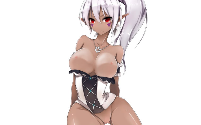 breasts corset dark-skinned_female dark_skin elf female female_only long_hair nipples original photoshop pointed_ears pon_(shind_997) ponytail pussy red_eyes solo uncensored white white_hair