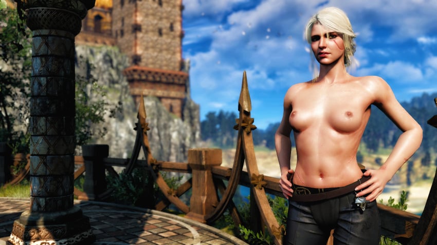 3d areolae breasts cd_projekt_red ciri female female_only green_eyes looking_at_viewer nipples outside partially_clothed scar solo standing the_witcher_(series) the_witcher_3:_wild_hunt white_hair xpsfm