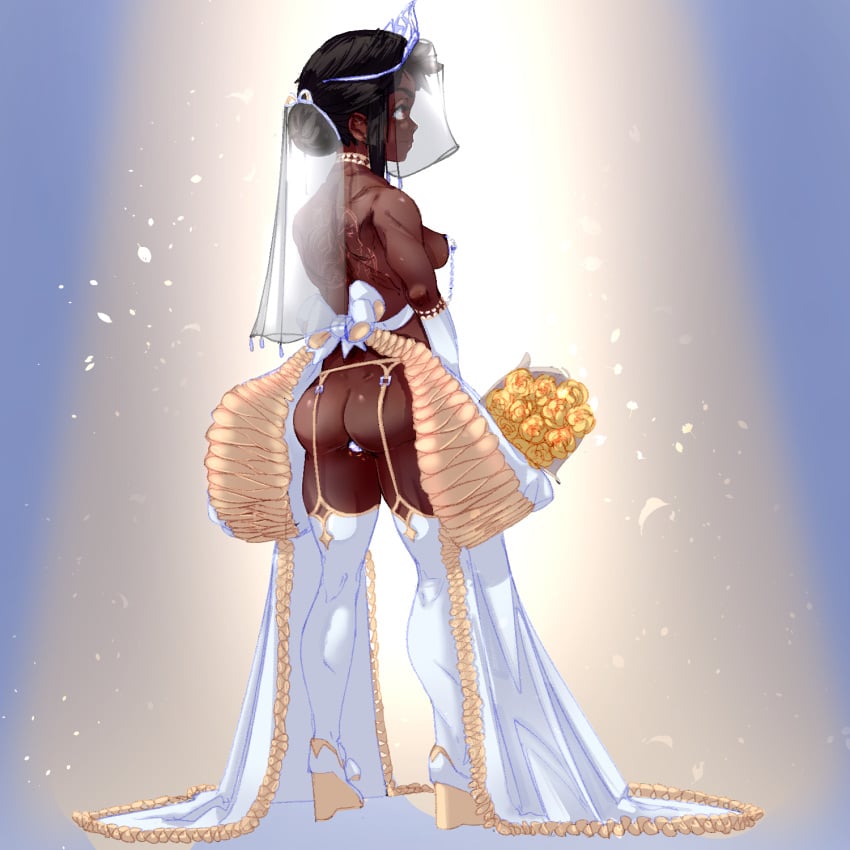 back_tattoo black_hair bouquet bow breasts bridal_veil buttplug character_request choker dark-skinned_female dark_skin dress elbow_gloves female flower gloves high_heels highres holding holding_bouquet nipple_piercing original piercing red_eyes sex_toy simple_background solo standing tattoo toorops veil wedding_dress white_bow yellow_flower