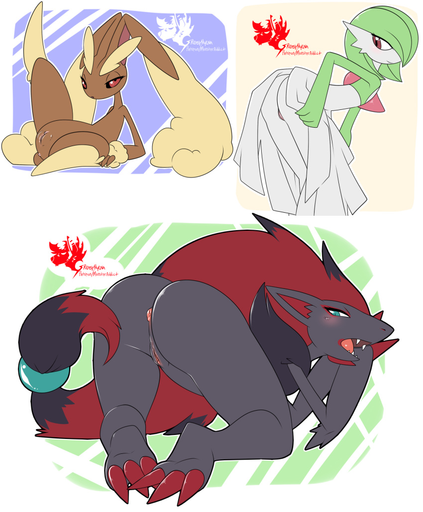 2019 3girls anthro anus ass ass_up big_ass blue_eyes blush brown_fur canine claws fangs feet female female_only feral flat_chest fur furry gardevoir greasyhyena grey_fur half-closed_eyes hi_res humanoid lagomorph looking_at_viewer looking_back lopunny mammal multiple_images nintendo no_breasts no_nipples nude open_mouth paws pokémon_(species) pokemon pokemon_(species) presenting presenting_anus presenting_hindquarters presenting_pussy pussy rear_view red_eyes seductive spread_legs spreading tail thick_thighs video_games wide_hips zoroark