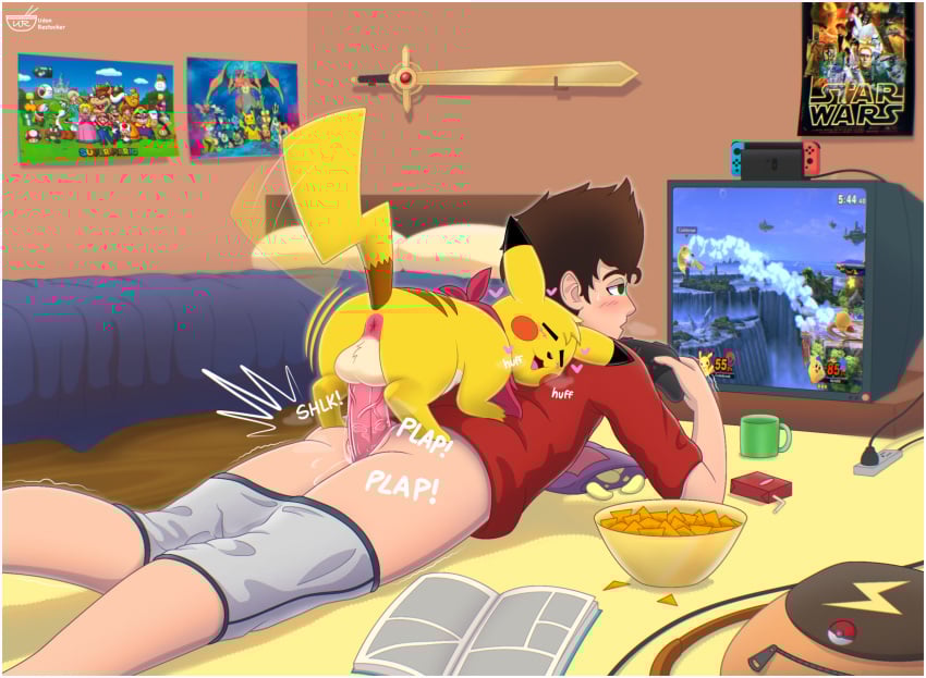 anal anal_sex animal_genitalia anus ass bedroom bedroom_eyes bedroom_sex bodily_fluids controller doggy_style duo electronics fan_character feral feral_on_human feral_penetrating from_behind_position game_controller gay gay_sex generation_1_pokemon genitals hi_res human human_male kirby kirby_(series) male male/male male_penetrated male_penetrating male_penetrating_male mammal mario_(series) mario_bros melee_weapon narrowed_eyes nintendo nintendo_controller nintendo_switch penetration pikachu plap pokemon pokemon_(species) seductive sex snacks star_wars super_smash_bros. super_smash_bros._ultimate sword tail tail_motion tailwag television udon_restocker weapon