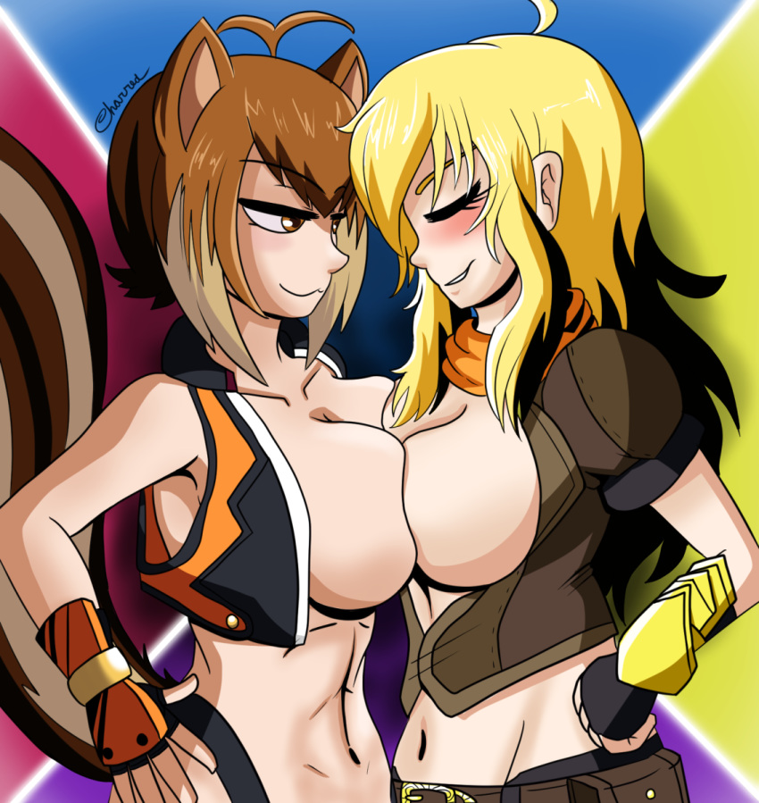 2girls big_breasts blazblue blazblue:_cross_tag_battle blonde_hair breast_press breasts brown_fur brown_hair charredarousal charrousal closed_eyes clothing crossover eyes female female_only hair human large_breasts long_hair makoto_nanaya open_eyes pale_skin rwby short_hair smile yang_xiao_long