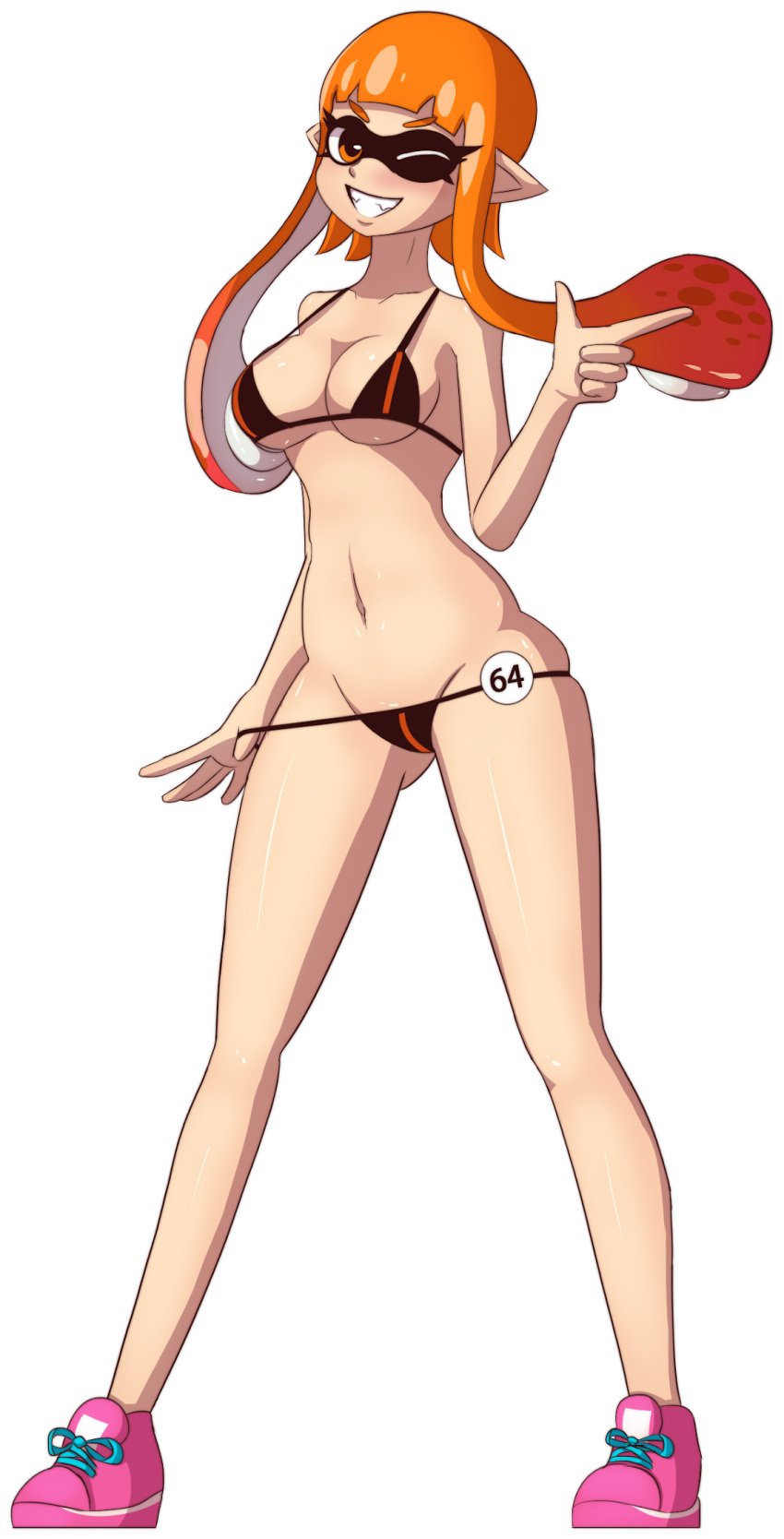 1girls aged_up anthro bikini bikini_pull breasts cephalopod cephalopod_humanoid fangs humanoid inkling inkling_girl kaori_(splatoon) mask_(marking) navel older orange_eyes orange_hair orange_inkling_girl pointy_ears splatoon squid super_smash_bros. tennis_shoes tentacle tentacle_hair underboob wink zelc-face