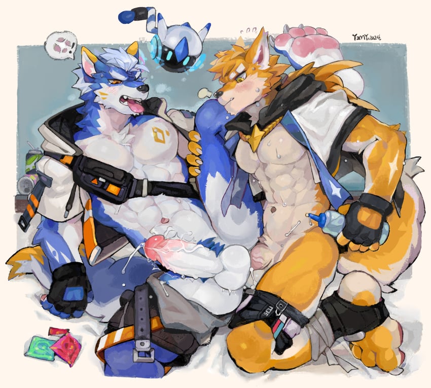abs absurd_res anal anal_sex anthro ass athletic blue_body bodily_fluids canid canine canis clothing condom_wrapper duo ejaculation embarrassed fingerless_gloves foreskin fox frown genitals gloves handwear hi_res holding_lube kneeling leg_glider_position lube lube_bottle machine male male/male mammal mouth_closed one_eye_closed one_leg_up pawpads pecs penetration penile penile_penetration penis penis_in_ass pubes raised_leg retracted_foreskin robot sex signature stirrup_footwear sweat tears tongue tongue_out uncircumcised vein veiny_penis wolf yellow_body yzmuya