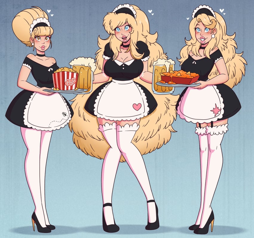 apron bangs barbie_(series) bare_shoulders bimbo bimbo_lips bimbofication blonde_hair blue_eyes blush breasts brown_eyes captain_marvel carol_danvers cassandra_lang choker cleavage collarbone corruption curly_hair earrings female female_only femsub food garter_straps gradient_background gwen_stacy hair_band happy_trance heart high_heels hourglass_figure huge_breasts knees_together large_breasts large_lips long_hair long_nails looking_at_viewer maid maid_headdress makeup marvel marvel_comics multiple_girls multiple_subs nail_polish navel open_mouth simple_background smile standing thighhighs tray very_long_hair wrenzephyr2