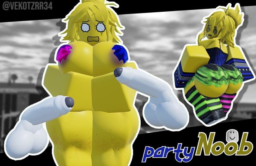 1girl 2boys 3d anon areolae ass balls big_ass big_butt bottomwear disembodied_penis female female_focus forsaken_(roblox) grey_body huge_ass huge_butt male nipples_covered noob_(forsaken) party_noob_(forsaken) penis roblox roblox_game robloxian swirly_eyes teary_eyes thick_ass thick_thighs topwear trio twitter_username vekotz watermark yellow_body yellow_hair