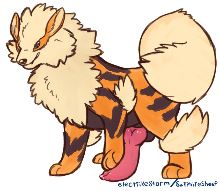 animal_genitalia animal_penis arcanine balls canine canine_penis electrikestorm erection feral fur hand_on_penis hi_res knot male male_only mammal nintendo penis pink_penis pokemon pokemon_(species) precum simple_background solo video_games white_background