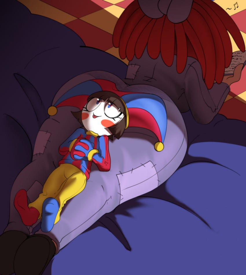 2girls ass bed blush book breasts brown_hair female female_focus female_only glitch_productions gloves gooseworx jester jester_girl jester_hat jester_outfit large_ass large_breasts larger_female laying_down multicolored_eyes musical_note pajamas pomni_(the_amazing_digital_circus) ragatha_(the_amazing_digital_circus) red_hair smaller_female the_amazing_digital_circus thick_thighs thighs tobitobi90